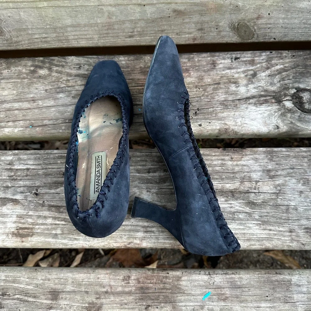 Vintage Amanda Smith Marilyn Kid Suede Pumps Pointed Toe Heels Navy Blue‎ Sz 9.5